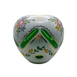 MOSER BOHEMIAN CZECH FLORAL MILKGLASS CUT AWAY TO GREEN CASED VASE 6"